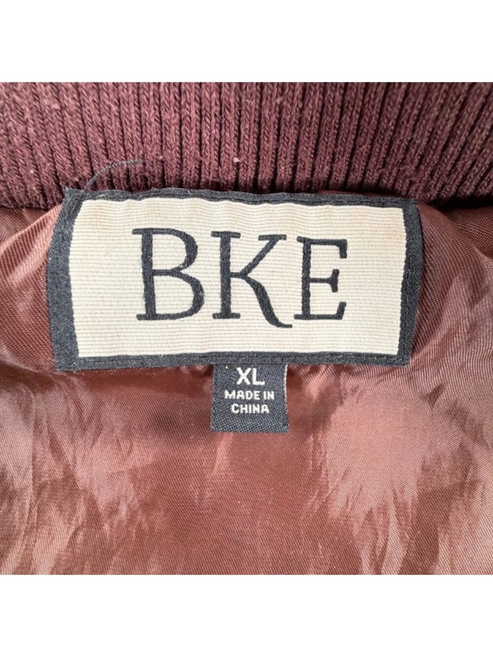 BKE Pieced Full-Zip Jacket Womens XL Burgundy Mustard Faux Leather Ribbed Trim - Picture 9 of 16
